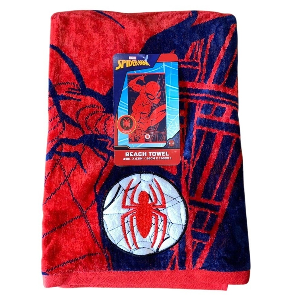 Marvel Spider-Man Beach Towel Kids 34x63 Red New Embroidered Applique Cotton